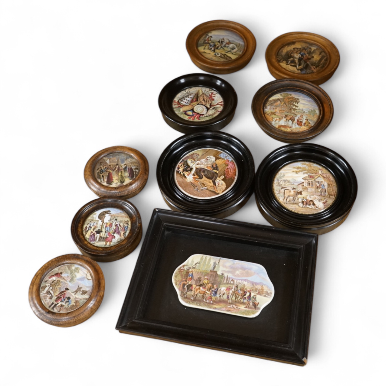 Ten various pot lids, including a rectangular shaped pot lid and frame; Wouvermann Pinx. 15cm wide not including frame.